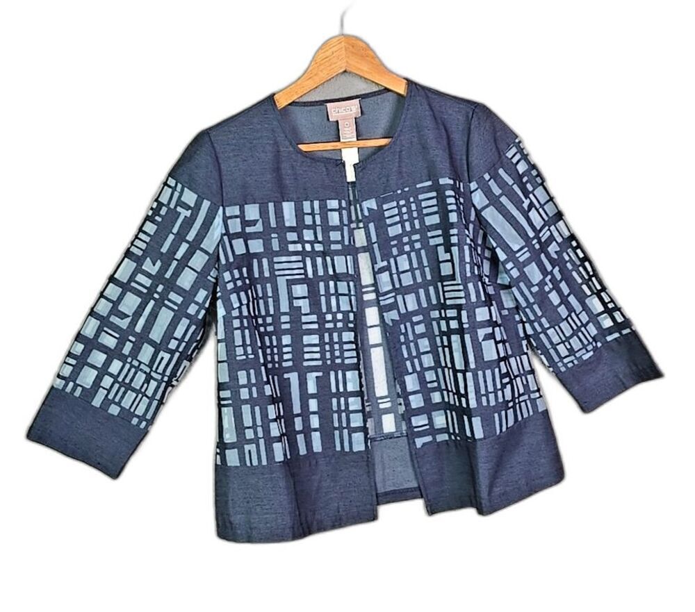 Chicos Open Front Topper 0 Blue Burnout Geometric Casual Summer Jacket